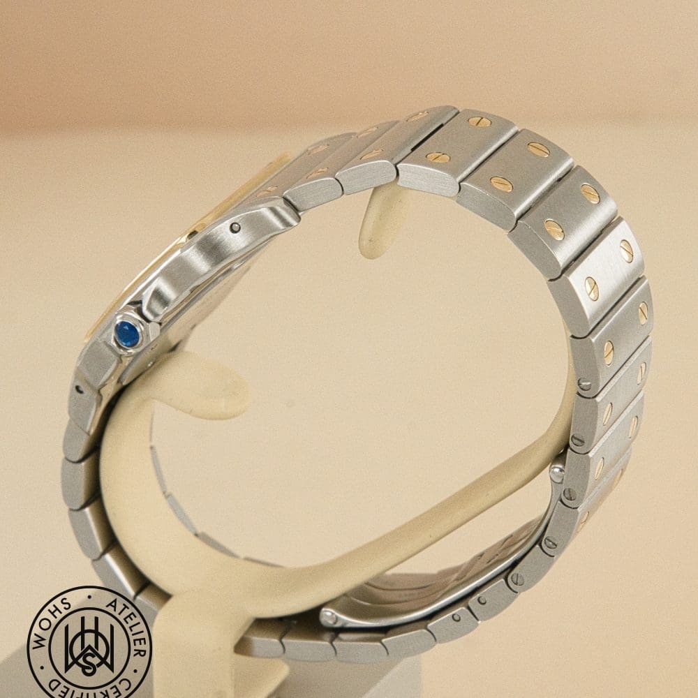 Side view of a two-tone metal wristwatch with a blue crown, showing linked bracelet and curved case; watermark stamp in bottom-left corner DSC03079