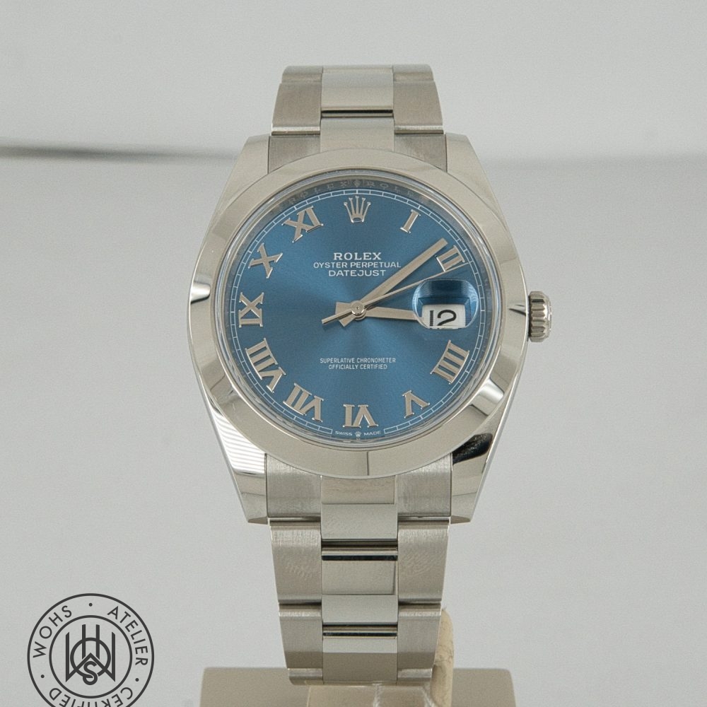 Rolex Oyster Perpetual Datejust with blue dial and stainless steel bracelet showing date at 3 o'clock with magnifier Rolex Datejust 41 2026 reference 126300 box papers blue azzuro dial 2