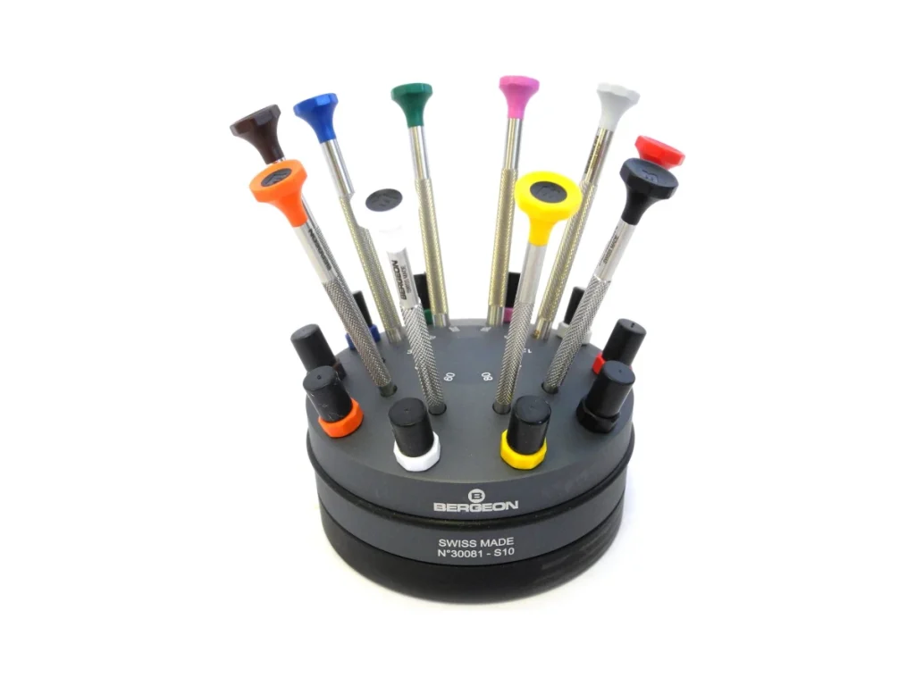 Bergeon Swiss watchmaking tools - Watches Of Henley St Bergeon Swiss watchmaker screwdrivers on a rotating stand